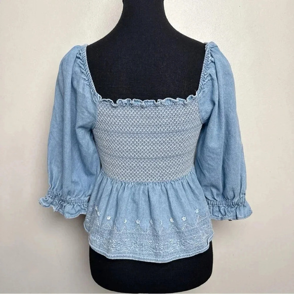 American Eagle Womens Small Smocked Square Neck Babydoll Chambray Top - Picture 4 of 14